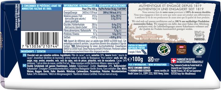 Valeurs nutritives et ingrédients Cailler Tablette Chocolat Noir avec Noisettes (100 g)