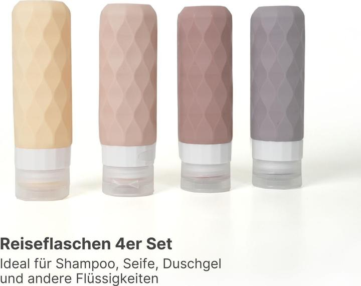 Immagine prodotto Hermex Set di 4 bottiglie da viaggio in silicone da spremere (Prodotto per l'igiene, Sacchi liquidi, Set manicure)