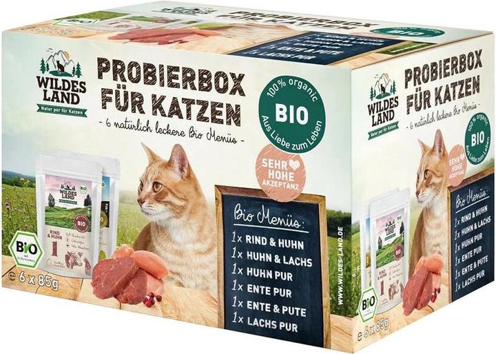 Produktbild Wildes Land Nassfutter Adult BIO Probierbox, 6 x 85 g (Adult, 6 Stk., 620 g)