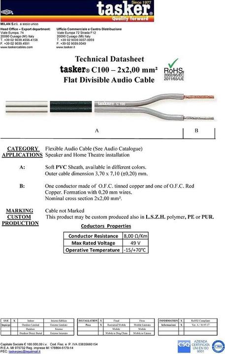 Immagine prodotto Tasker Cavo audio piatto, bianco, schermato, 100 m, PVC (100 m)
