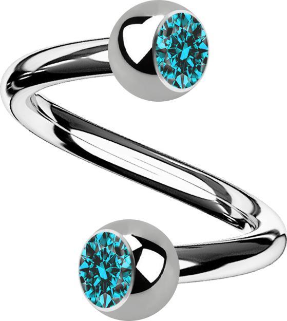 Star Piercing Micro Spirale silber mit zwei Kugeln Kristall aqua (Titan G23, ohne Messing)
