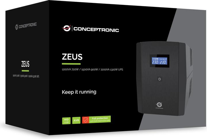 Produktbild Conceptronic ZEUS USP 2200VA 1320W 4xUK Sockets HID,USB,RJ45 (2200 VA, 1320 W, Line-Interaktiv USV)