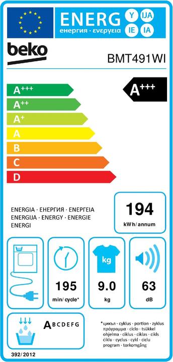 Energy Label Beko BMT491WI Slim tumble dryer with pump (9 kg)