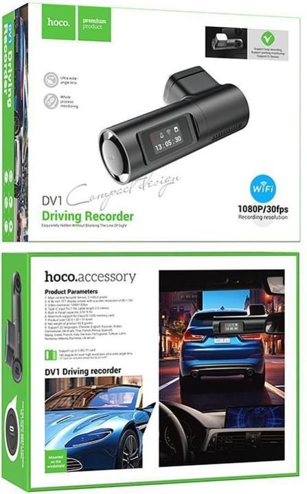 Produktbild Hoco Kopfhörer mit Mikrofon Autokamera mit Bildschirm 0,96" 1080P/30fps DV1 schwarz (Eingebautes Mikrofon, Akku, Bluetooth, Beschleunigungssensor, GPS-Empfänger, Nachtsicht, Eingebautes Display, Full HD)