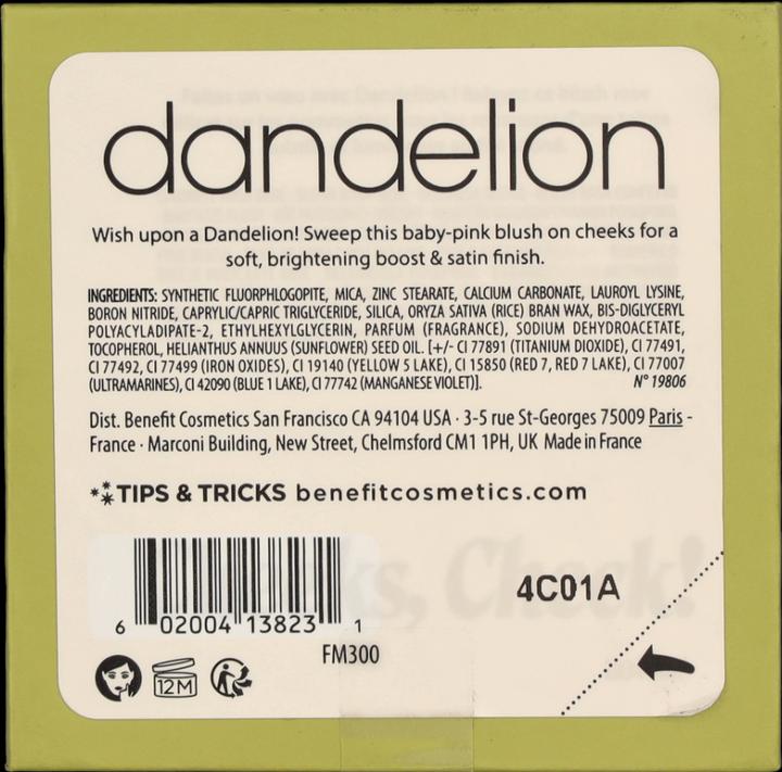 Valeurs nutritives et ingrédients BeneFit Cosmetics Fard à joues illuminateur Dandelion (Rose bébé)