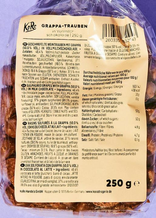 Immagine prodotto KoRo Uva (solforata) con grappa in cioccolato al latte (1 pz., 250 g)