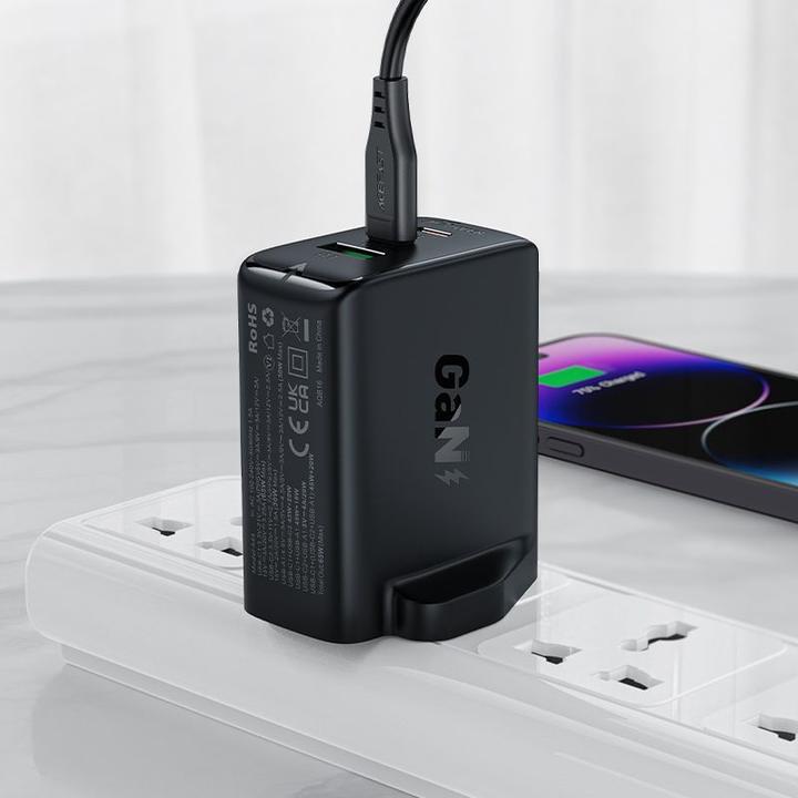 Actual product image Acefast charger GaN 65W 3 ports (1xUSB, 2xUSB C PD) UK plug black (A44) (65 W)