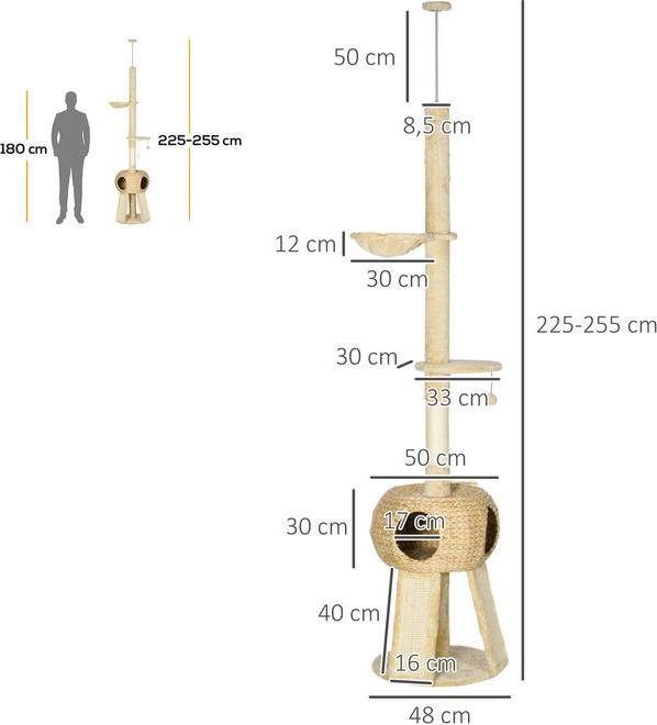 Produktbild Swisshandel24 Kratzbaum Deckenhoch, 225-255 cm mit Katzenhöhle, mit Spielball, Hängematte, bis 5 kg (255 cm, Braun+Beige)