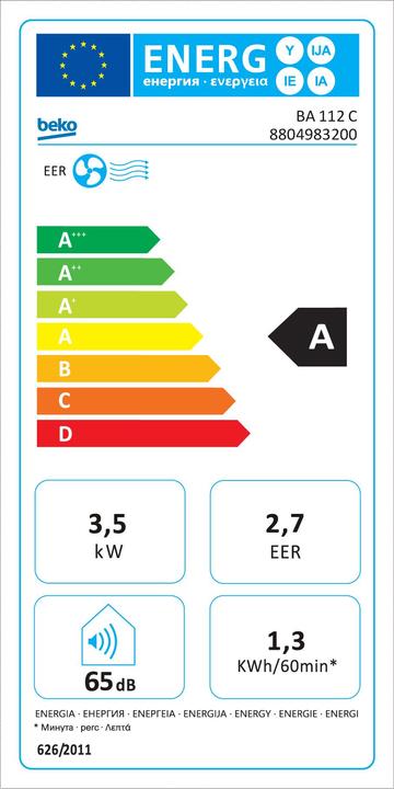 Energy Label Beko BA112C (37 m², 3500 BTU/h)