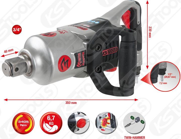 Actual product image KS Tools 3/4" superMONSTER high performance air impact wrench, 3405 Nm, L 350 mm (Air blast)