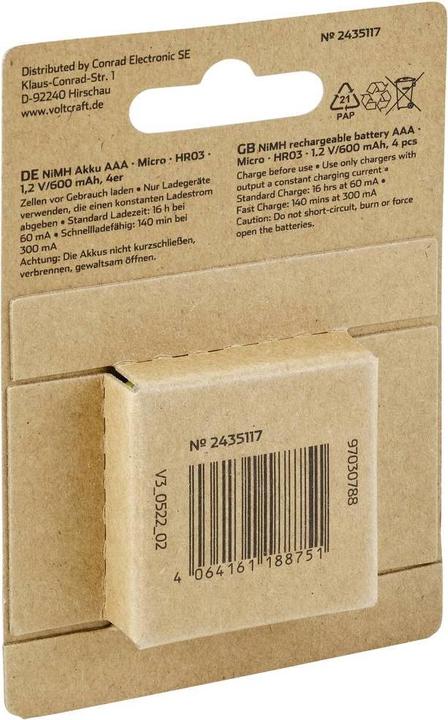 Produktbild Voltcraft Endurance NiMH Micro-Akkus 600mAh, 4er (4 Stk., AAA, 600 mAh)