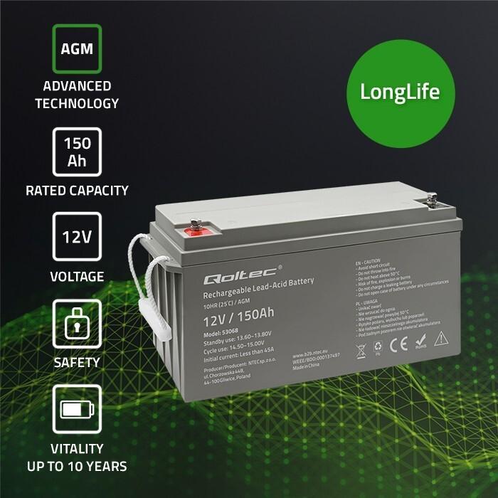 Actual product image Qoltec AGM battery | 12V | 150Ah | max. 2250A (12 V, 150 Ah)