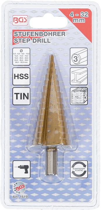 Image du produit BGS Foret étagé (4 mm, 6 mm, 8 mm, 10 mm, 12 mm, 14 mm, 16 mm, 18 mm, 20 mm, 22 mm, 24 mm, 26 mm, 28 cm, 30 mm, 32 mm)