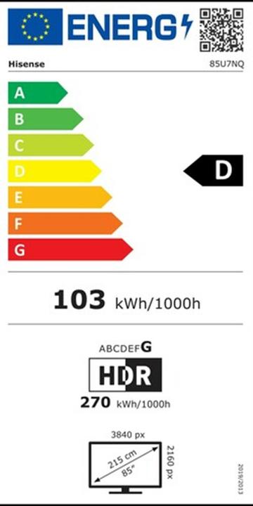 Energy Label Hisense TV 85U7NQ (85", Mini-LED, LED, UHD, 2023)