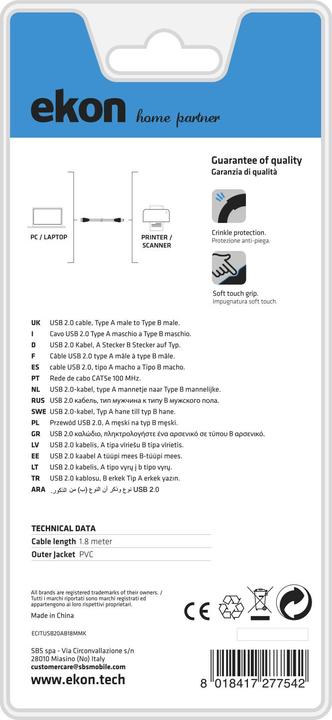 Immagine prodotto Ekon Cavo USB maschio tipo A-B per stampante (1.80 m, USB 2.0)