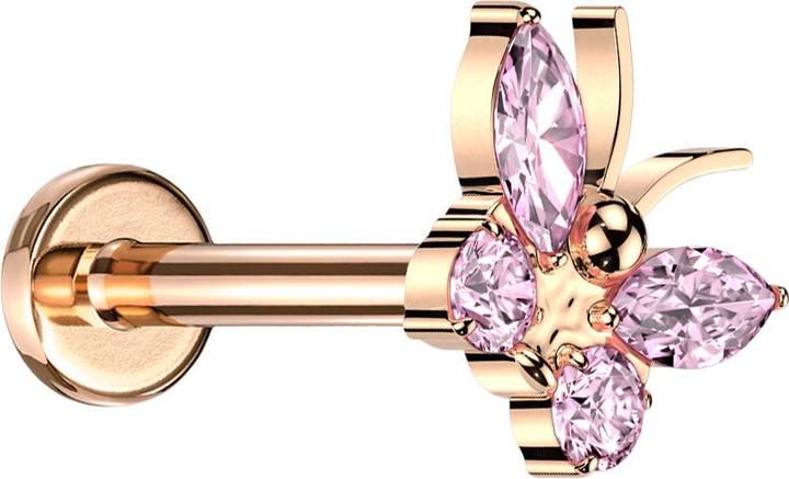 Star Piercing Micro Labret Innengewinde rosegold Schmetterling rosegold Kristalle pink (Titan G23, ohne Messing)