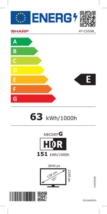 Energy Label Sharp 55GR8265E 55" (139cm) 4K Ultra HD QLED Smart Google Frameless TV, 144Hz, Dolby Vision IQ, Dolby Atmo (55", GR8, QLED, 4K, 2024)