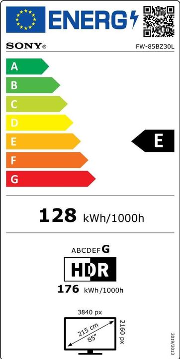 Energy Label Sony 85" Pro BRAVIA LCD 440nit (3840 x 2160 Pixels, 85")