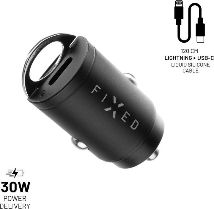Actual product image Fixed Dual USB-C Car Charger 30W + USB-C/Lightning Cable, black
