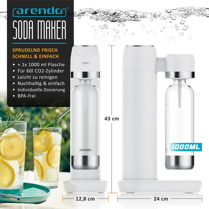 Produktbild Arendo Wassersprudler Soda Streamer + 3x 1000ml Flasche, Soda Maker mit Wasserflaschen für 60l CO2 Zylinder