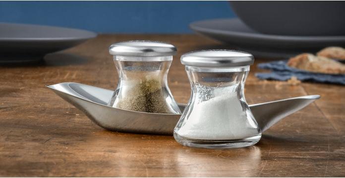 Produktbild WMF Salz und Pfefferstreuer Set Teller 3tlg Max & Moritz Wagenfeld Edelstahl matt (Salz, Pfeffer)