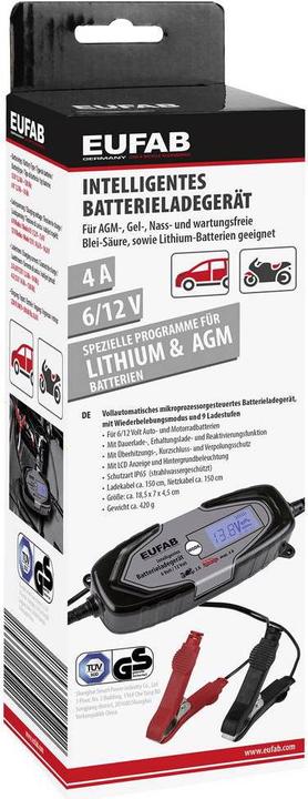 Produktbild Eufab Intelligentes Batterieladegerät 6/12V 4A, auch für Lithiumbatterien 16647 Kfz-Ladegerät, Au (6V, 12V, 4 A)