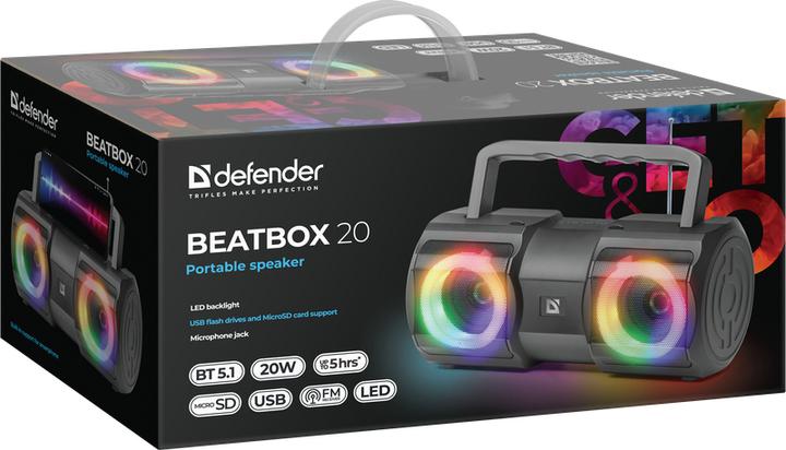 Immagine prodotto Defender Altoparlante Beatbox 20 Bluetooth 20w Luce/Bt/Mic/Fm/Usb/Tf (5 h, Batteria)