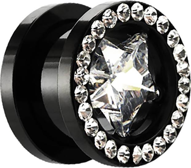 Produktbild Star Piercing Flesh Tunnel schwarz mit Kristall silber und Stern (ohne Messing, Chirurgenstahl 316L)