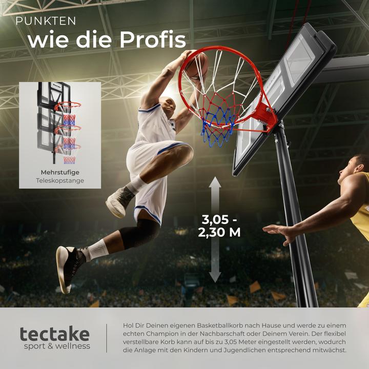 Produktbild tectake Basketballkorb Dirk, Korbhöhe 234 - 302 cm, mit Ball & Pumpe