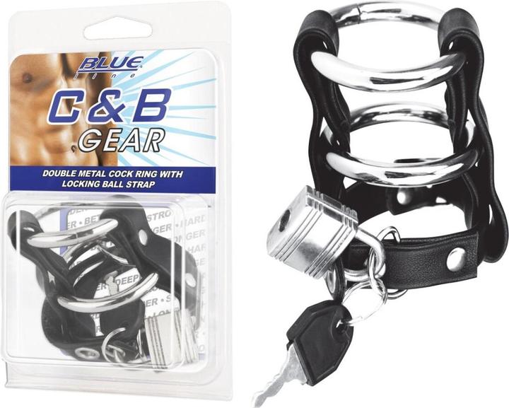 Actual product image Blue Line C&B GEAR Double Metal Cock Ring With Locking Ball Strap