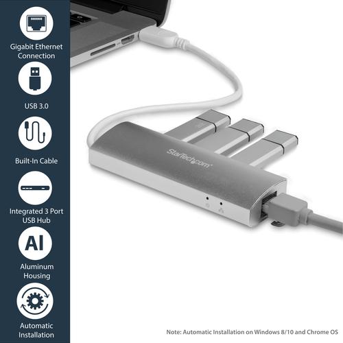 Produktbild StarTech 3 Port mobiler USB 3.0 Hub plus Gigabit Ethernet - Aluminium USB Hub mit Gigabit Ethernet Adapter (USB-A, 4 Ports)