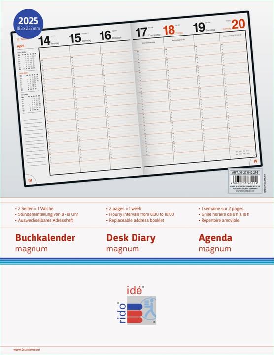 Nährwerte und Zutaten rido/idé 7027042295 Buchkalender Modell magnum (2025)| 2 Seiten = 1 Woche| 183 × 240 mm| 144 Se (Harter Einband, Deutsch)