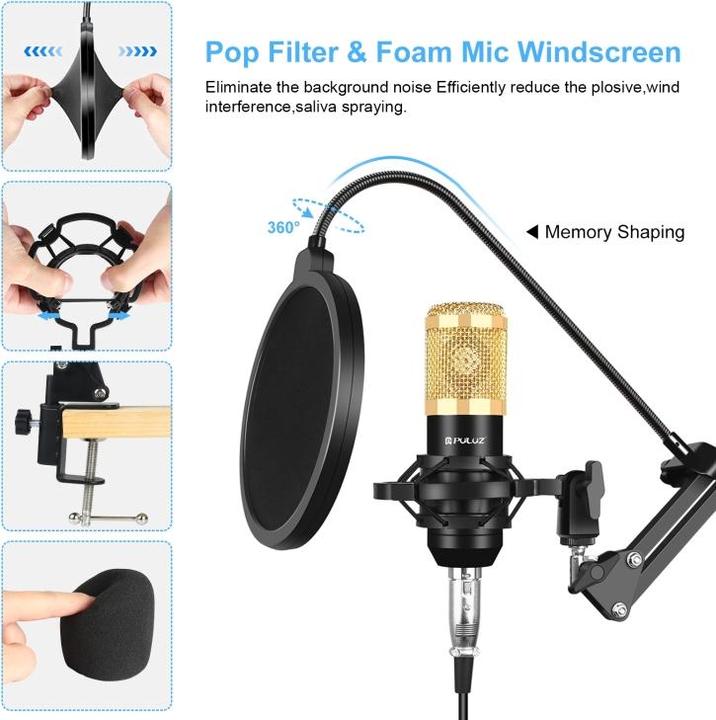 Image du produit Puluz Kit Microphone Studio Broadcast avec bras ciseaux, support métal et carte son USB (Or)
