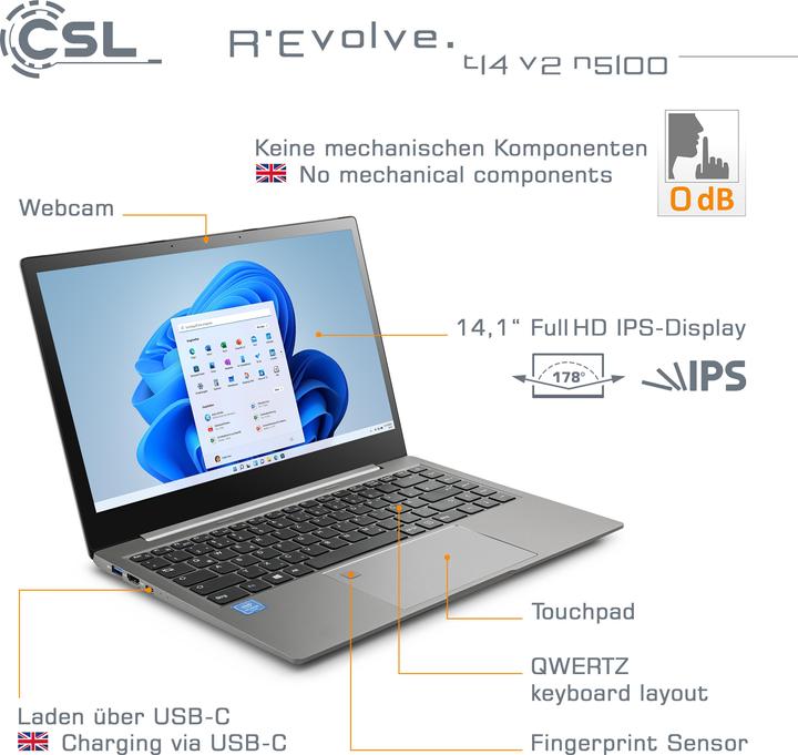 Image du produit CSL Ordinateur portable R" Evolve T14 V2 35.6cm (14 pouces) Full HD Intel® Celeron® N5100 16GB RAM 1TB (14", Intel Celeron N5100, 16 Go, 1000 Go, DE)