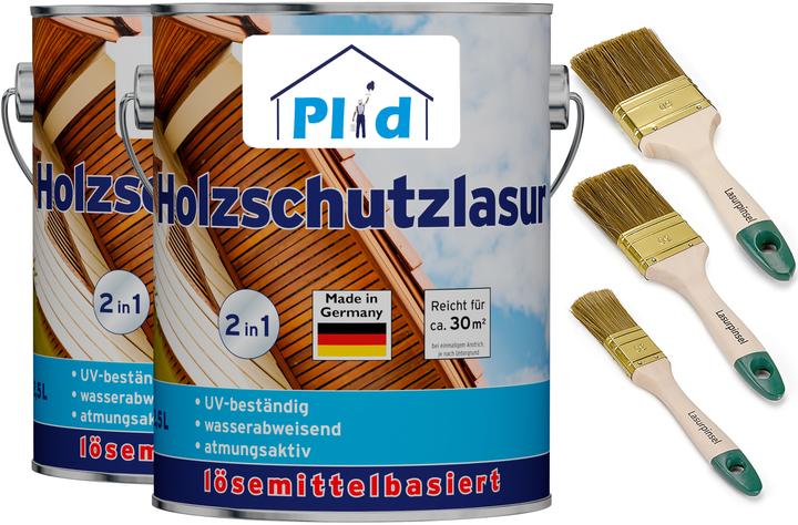 Produktbild Plid Holzlasur 5l für ca. 60m² + Lasurpinselset 3-tlg. / Holzschutzlasur (Palisander, 5 l)