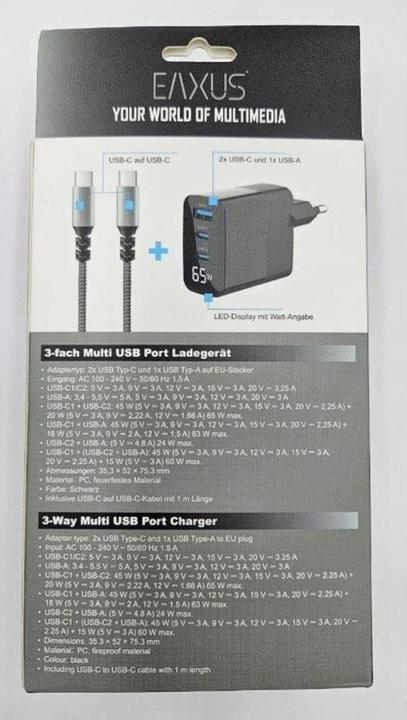 Produktbild Eaxus USB Ladegerät mit Ladekabel, 3 Ports, 2x Typ-C & 1x Typ-A, 65 Watt, schwarz (65 W)