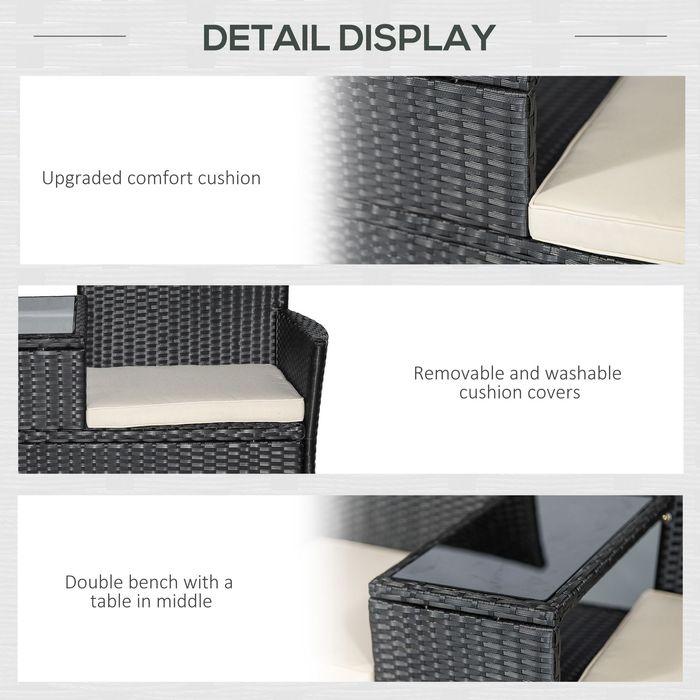 Image du produit Swisshandel24 Banc de jardin en poly rotin Canapé de jardin Banc avec table 2 places Acier noir L133xP63xH84cm
