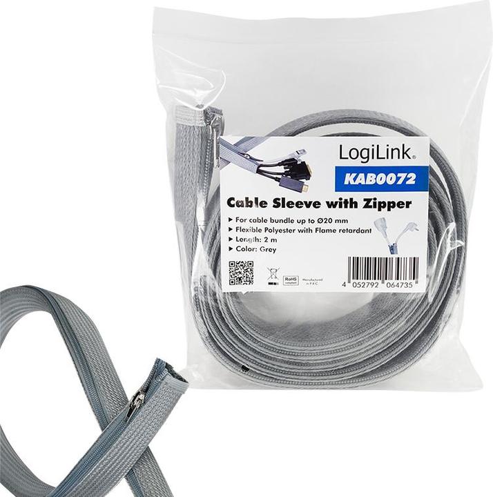 Actual product image LogiLink Cable conduit with zip fastener, 2.0 m, grey, made of polyester, abrasion, tension & deformation (Cable conduit, 200 cm)