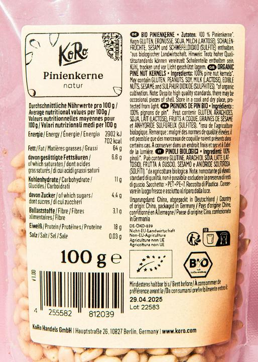 Valeurs nutritives et ingrédients KoRo Pignons de pin bio (100 g)