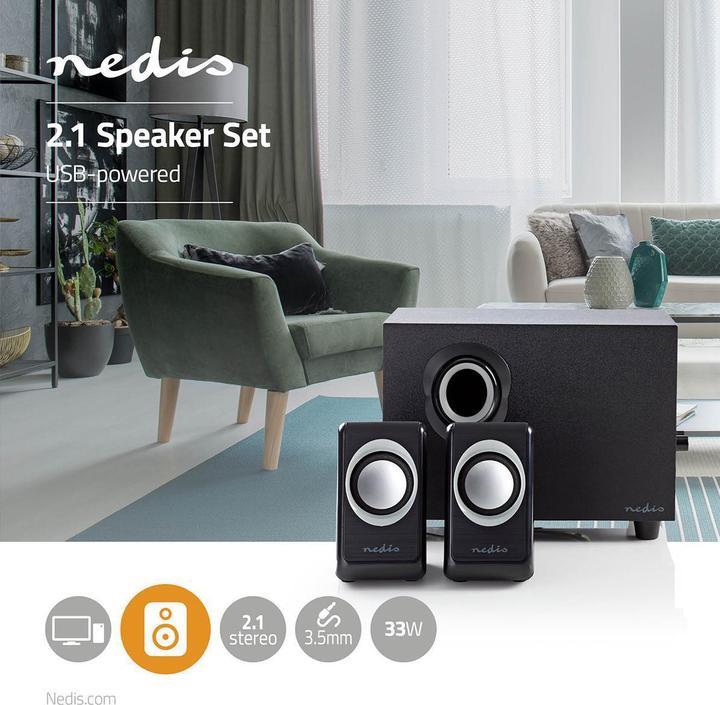 Immagine prodotto Nedis Altoparlante per PC - Alimentazione tramite USB - Subwoofer - Ingresso connessioni: 1x 3,5 mm - 2.1 (1 pz., 16 W)