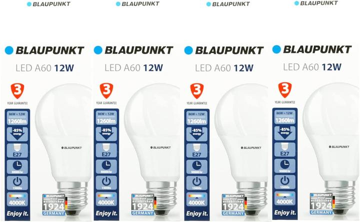 Actual product image Blaupunkt LED E27 Bulb - 12W - Neutral White 4000K - Led Lamps - Pack of 4 (E27, 12 W, 1260 lm, 4 x, F)