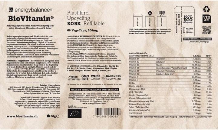 Valeurs nutritives et ingrédients Energybalance Préparation multivitaminée équivalente à la vitamine bio 500mg (60 pièce(s), Capsules, 500 g)