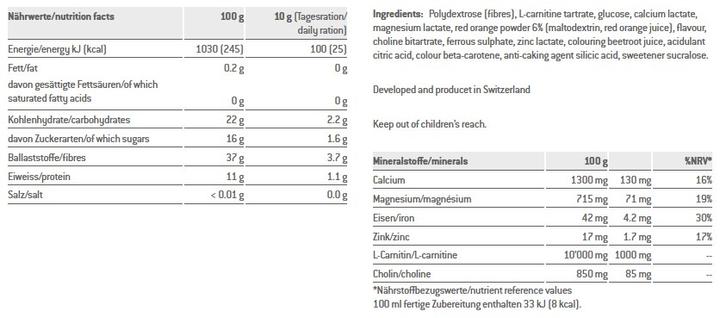 Valori nutrizionali e ingredienti Sponser Carnitina 1000 (Arancione sangue, 1 x)