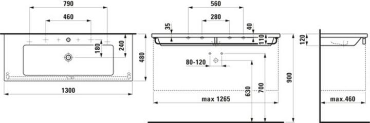 Actual product image Laufen Living Square washbasin, undermount, 3 tap holes, 1300x480, white, H8164360001 (480 mm, 1300 mm)