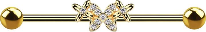 Star Piercing Barbell vergoldet mit zwei Kugeln vergoldet Schmetterling zwei Blumen Kristalle silber (Messing, Chirurgenstahl 316L)