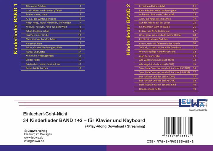 Produktbild Einfacher!-Geht-Nicht: 34 Kinderlieder BAND 1+2 für Klavier und Keyboard (+Play-Along Download (Deutsch, Martin Leuchtner, Bruno Waizmann, 2023)