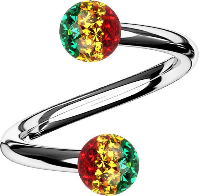 Actual product image Star Piercing Spiral silver with two crystal balls Rasta epoxy protective layer (Surgical steel 316L)