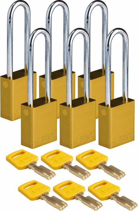 Actual product image Brady Safekey aluminium padlock with steel shackle, yellow, 76 mm shackle height, 6.4 mm shackle diam