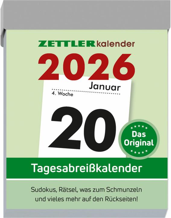Produktbild Tagesabreisskalender M 2026 5,4x7,2 cm Bürokalender 1 Tag auf 1 Seite mit Sudokus, Sprüchen (Harter Einband, Deutsch)