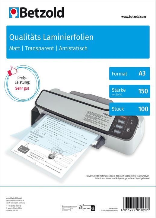 Betzold Carton de 100 feuilles à plastifier mates, DIN A3, 150 mic (A3, 100 pièce(s), 150 µm)